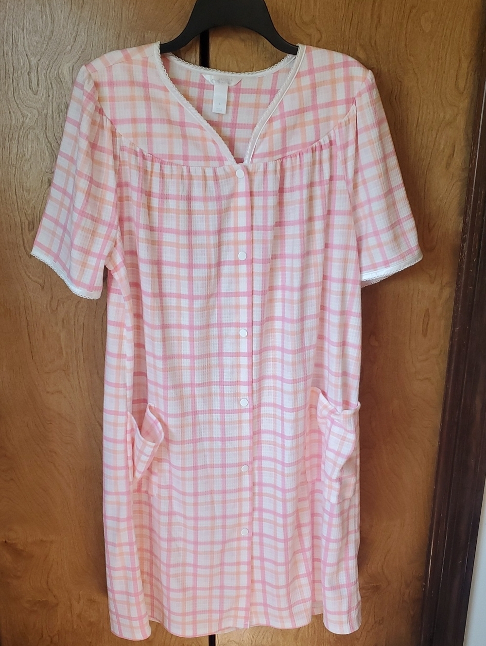 Adonna Pink Plaid Checkered House Dress Front Snap